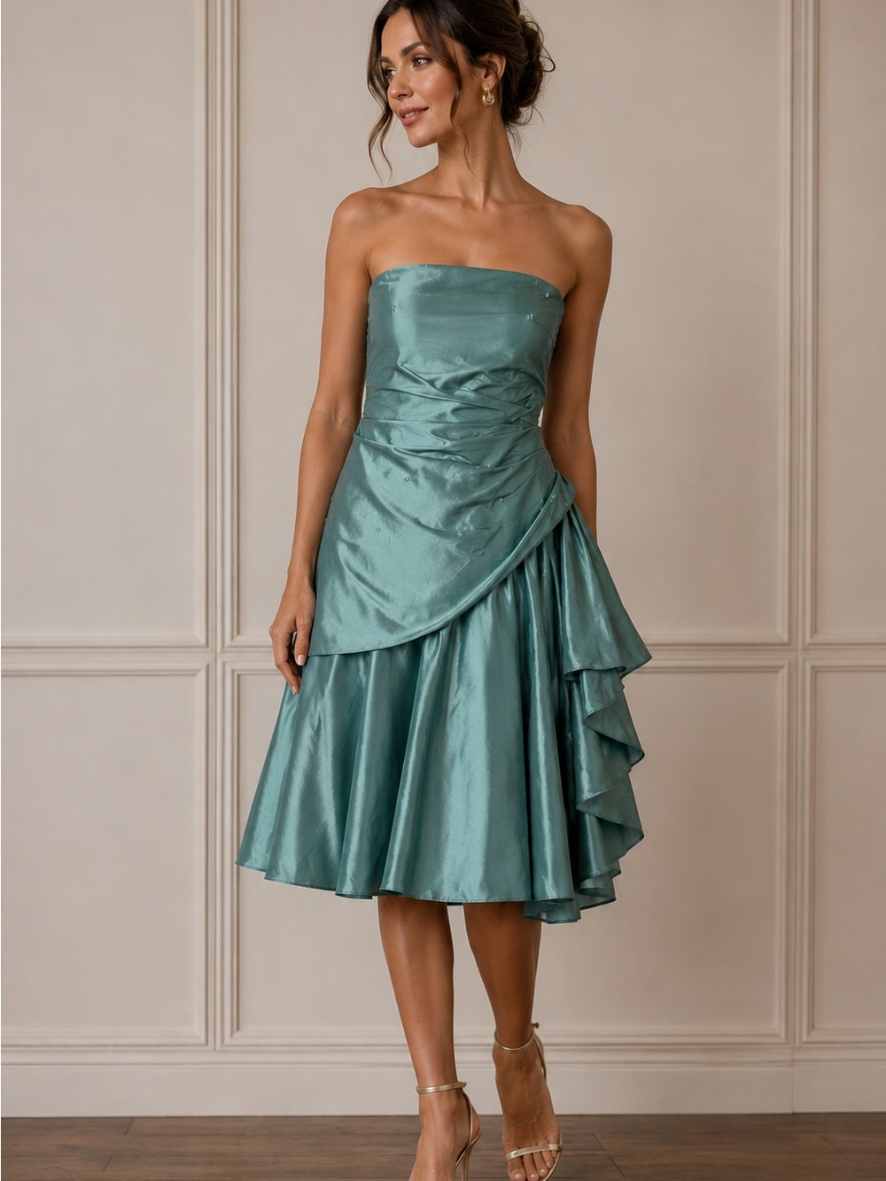 Scaravelli 100% Silk Strapless Beaded Pleated Formal Dress Like New Size Medium